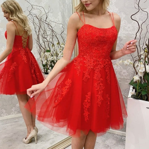 Princess Short Red Lace Prom Dresses, Red Lace Homecoming Dresses, Short Red Formal Evening Dresses