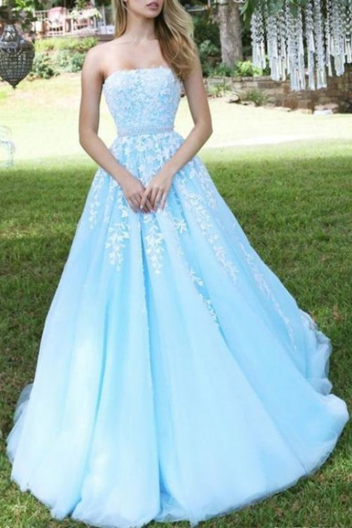 Princess Sky Blue Strapless A-line Tulle Floor-length Prom Dress with White Appliques - Prom Dresses