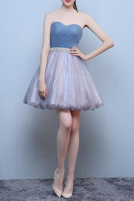 Princess Steel Blue Sweetheart Tulle Short Homecoming Cute Prom Dress with Beads - Prom Dresses