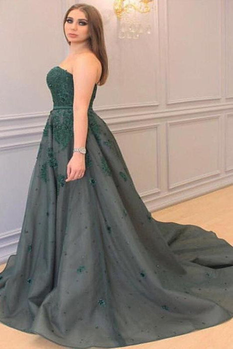 Princess Sweetheart Sleeveless Applique Court Train Tulle Plus Size Prom Dresses - Prom Dresses