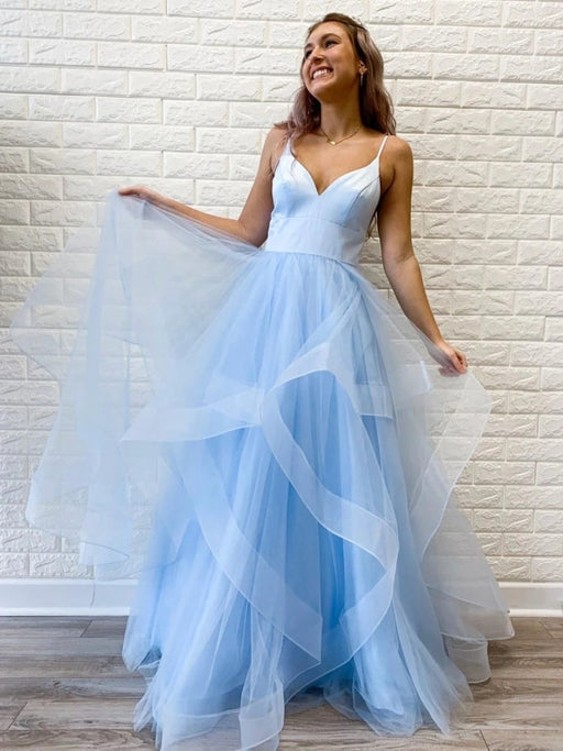 Princess V Neck Long Pink/Light Blue Prom Dresses, Puffy Pink/Light Blue Formal Evening Dresses, Light Blue Party Dresses, Pink Ball Gown