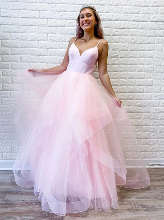 Princess V Neck Long Pink Light Blue Prom Dresses Puffy Pink Light Bl Bridelily