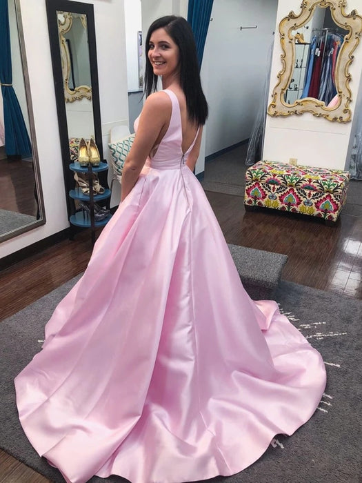 Princess V Neck Open Back Pink Long Prom Dresses, V Neck Pink Formal Dresses, Pink Evening Dresses 