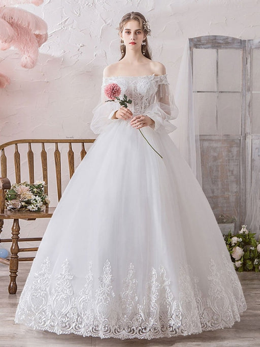 Princess Wedding Dresses White Ivory Lace Applique Off Shoulder Bridal Ball  Gown