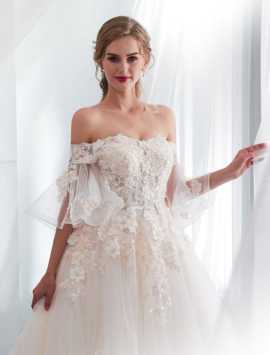 Appliques Flowers Princess Wedding Dresses Off-the-shoulder – loveangeldress