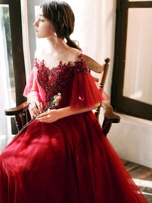 Prom Dress Illusion Neckline A Line Half Sleeves Lace Floor Length Tulle Party Dresses