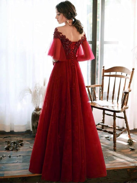 Prom Dress Illusion Neckline A Line Half Sleeves Lace Floor Length Tulle Party Dresses