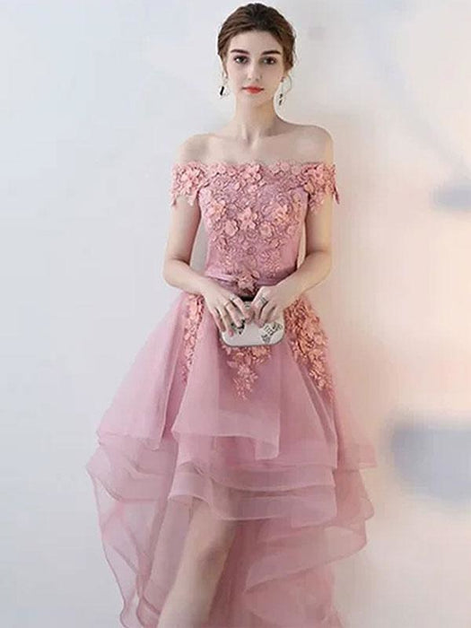 Prom Dress Pink Ball Gown Off The Shoulder Satin Fabric Sleeveless Tulle Satin Fabric Applique Pageant Dresses