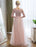 Prom Dresses Long Soft Pink Half Sleeve Lace Tulle Formal Evening Lace Applique Maxi Party Dress