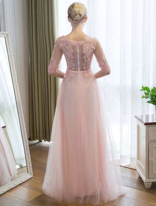 Prom Dresses Long Soft Pink Half Sleeve Lace Tulle Formal Evening Lace Applique Maxi Party Dress