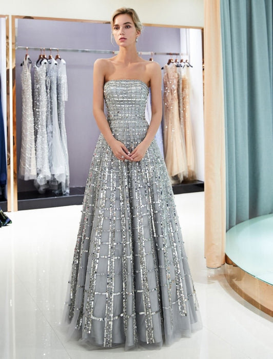 Prom Dresses Long Strapless Sequin Light Grey Floor Length Luxury Women Pageant Dress