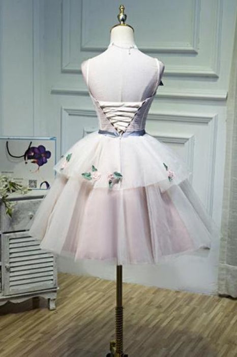 Puffy Straps Tulle Homecoming Flowers Princess Graduation Dress with Belt - Prom Dresses