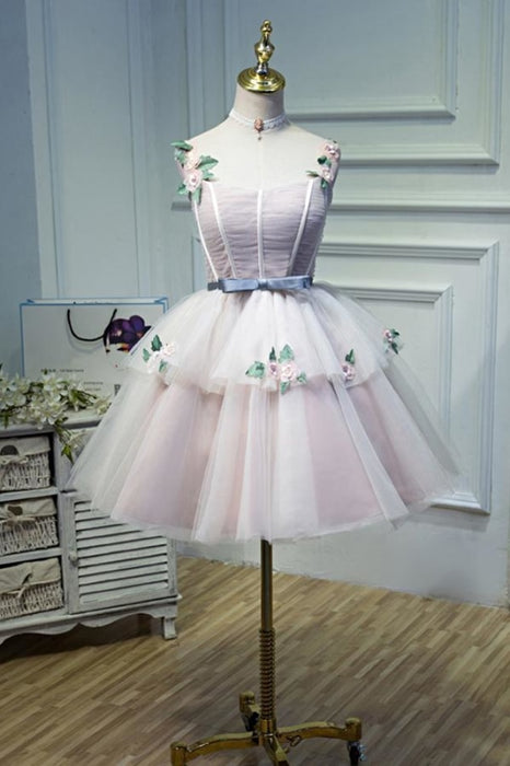 Puffy Straps Tulle Homecoming Flowers Princess Graduation Dress with Belt - Prom Dresses