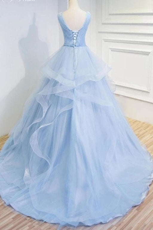 Puffy V Neck Sleeveless Tulle Prom with Appliques Long Quinceanera Dress - Prom Dresses