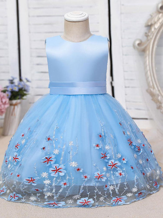 Flower Girl Dresses Purple Jewel Neck Polyester Polyester Cotton Tulle Sleeveless Knee-Length A-Line Embroidered Kids Party Dresses