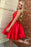 Red A-Line V-Neck Open Back Knee Length Satin Homecoming Dress Short Prom Gown - Prom Dresses