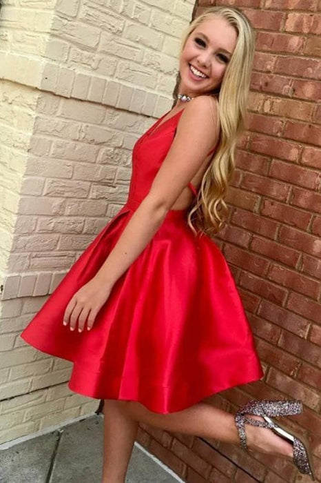 Red A-Line V-Neck Open Back Knee Length Satin Homecoming Dress Short Prom Gown - Prom Dresses