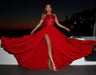 Red Backless Prom Dresses Side Slit Long Party Dress with Lace - Prom Dresses