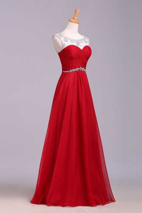 Red Floor Length Chiffon Prom with Crystals A Line Pleated Evening Dress - Prom Dresses