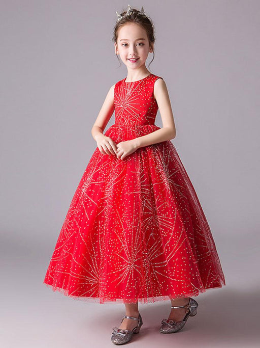 Flower Girl Dresses Jewel Neck Tulle Sleeveless Ankle Length Princess Silhouette Embroidered Kids Party Dresses