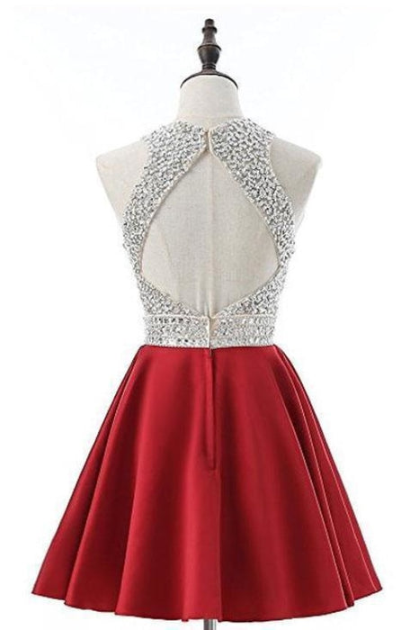 Red Jewel Satin Short Prom Dress with Beads A Line Sparkly Homecoming Dresses - Prom Dresses