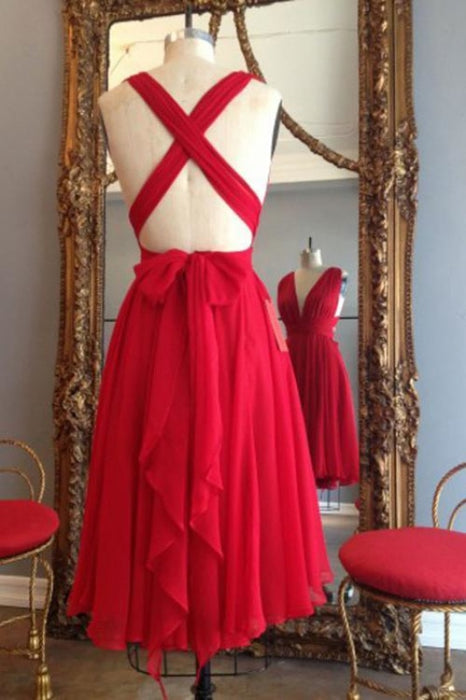 Red Knee Length Deep V Neck Sleeveless Chiffon Prom Homecoming Dress - Prom Dresses