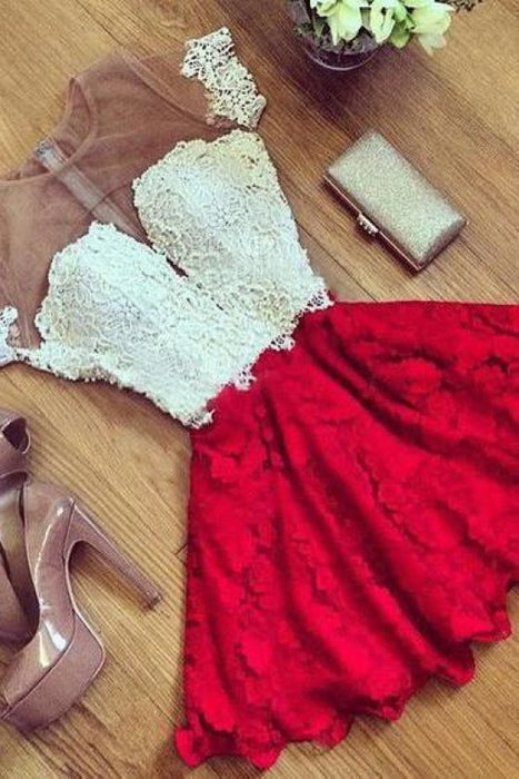 Red Lace Short Sleeve Homecoming Dress Cheap Cocktail Party Dresses - Prom Dresses