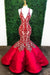 Red Mermaid Deep V Neck Lace Appliques Mermaid Prom Dresses - Prom Dresses