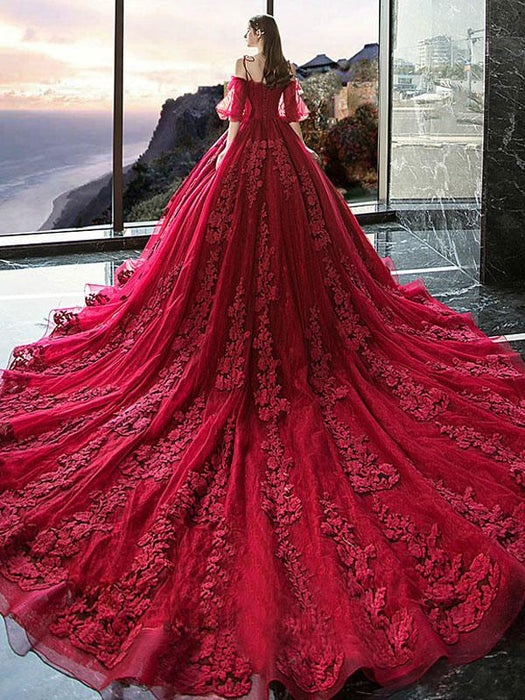 Red Princess Wedding Dresses Tulle Half Sleeves Bridal Gown Applique E ...