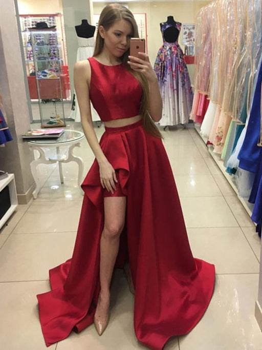 Red Round Neck Two Pieces High Low Satin Long Prom Dresses, Red Two Pieces Formal Dresses, Evening Dresses