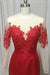 Red Satin Round Neck Long Mermaid Lace Prom Dress With Long Sleeve - Prom Dresses