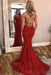 Red Spaghetti Strap Mermaid Prom Dresses with Lace Appliques Backless Formal Dress - Red - Prom Dresses