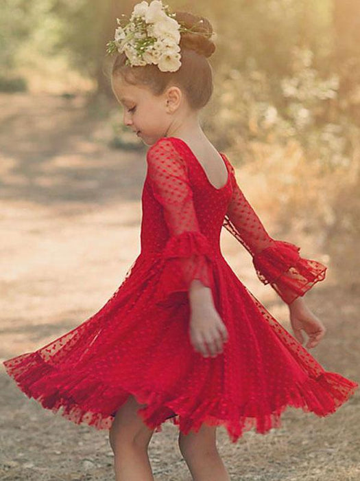 Red Flower Girl Dresses V-Neck Long Sleeves Lace Polyester Formal Kids Pageant Dresses