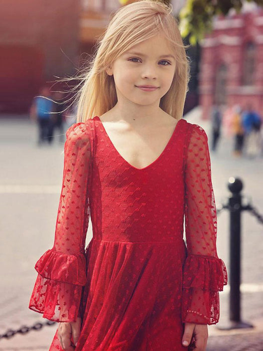 Red Flower Girl Dresses V-Neck Long Sleeves Lace Polyester Formal Kids Pageant Dresses