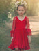 Red Flower Girl Dresses V-Neck Long Sleeves Lace Polyester Formal Kids Pageant Dresses