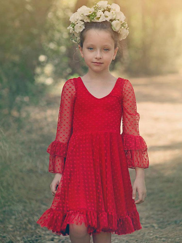 Red Flower Girl Dresses V-Neck Long Sleeves Lace Polyester Formal Kids Pageant Dresses