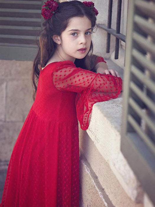 Red Flower Girl Dresses V-Neck Polyester Long Sleeves Ankle-Length A-Line Lace Formal Kids Pageant Dresses