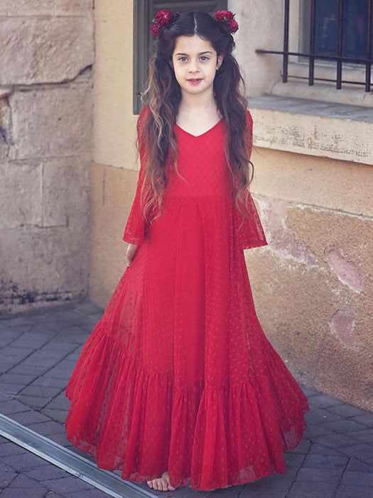 Red Flower Girl Dresses V-Neck Polyester Long Sleeves Ankle-Length A-Line Lace Formal Kids Pageant Dresses