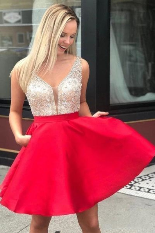 Red V Neck Sleeveless Homecoming Dress Beading Backless Satin Short Prom Dresses - Prom Dresses