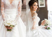 Romantic Lace Satin Skirt with Long Sleeves Illusion Back Wedding Dress - Wedding Dresses