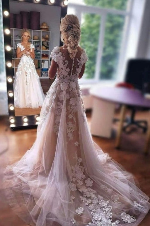 Romantic Sleeveless Aline Wedding Dress 3D Floral Lace Tulle