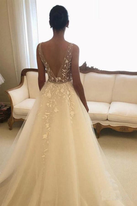 Romantic V Neck Beach with Lace Appliques A Line Wedding Dress - Wedding Dresses