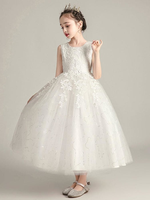 Flower Girl Dresses Jewel Neck Polyester Sleeveless Ankle Length Ball Gown Bows Kids Party Dresses