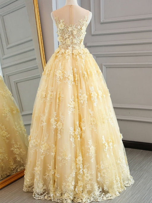 Round Neck Appliques Yellow Lace Prom Dresses, Yellow Lace Formal Dresses, Yellow Evening Dresses