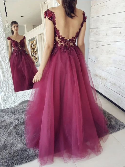 Round Neck Backless Burgundy Floral Lace Long Prom Dresses, Floral Burgundy Lace Formal Graduation Evening Dresses