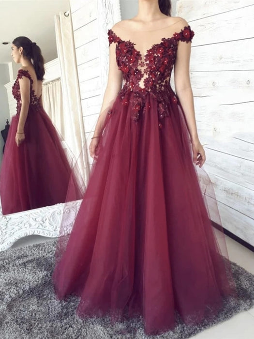 Round Neck Backless Burgundy Floral Lace Long Prom Dresses, Floral Burgundy Lace Formal Graduation Evening Dresses