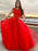 Round Neck Cap Sleeves Lace Red Long Prom Dresses, Cap Sleeves Red Lace Formal Dresses, Red Lace Evening Dresses, Red Ball Gown