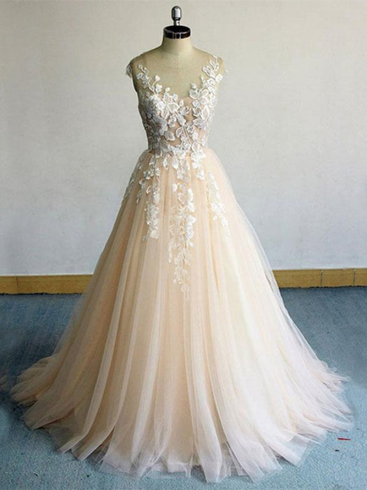 Round Neck Champagne Lace Long Prom Dresses, Champagne Lace Formal Dresses, Champagne Evening Dresses