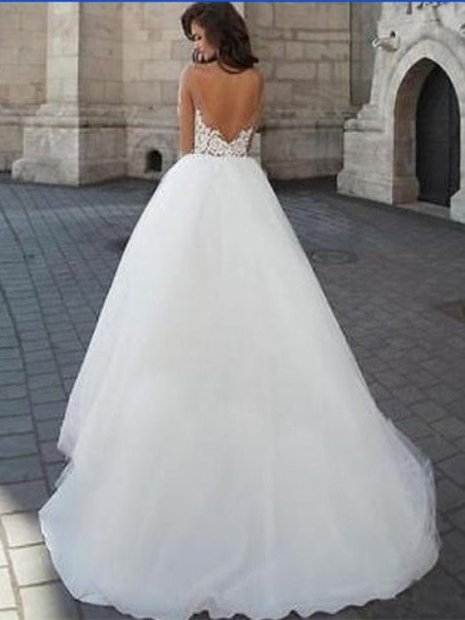 Round Neck Long Sleeves Backless Lace White Wedding Dresses, Lace White Prom Dresses, Prom Gown, Formal Dresses