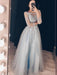 Round Neck Long Sleeves Grey Lace Long Prom Dresses, Grey Lace Formal Graduation Evening Dresses